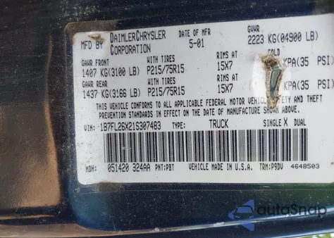 2001 Dodge Dakota Slt/Sport z USA, uszkodzony, nr VIN 1B7FL26X21S307483